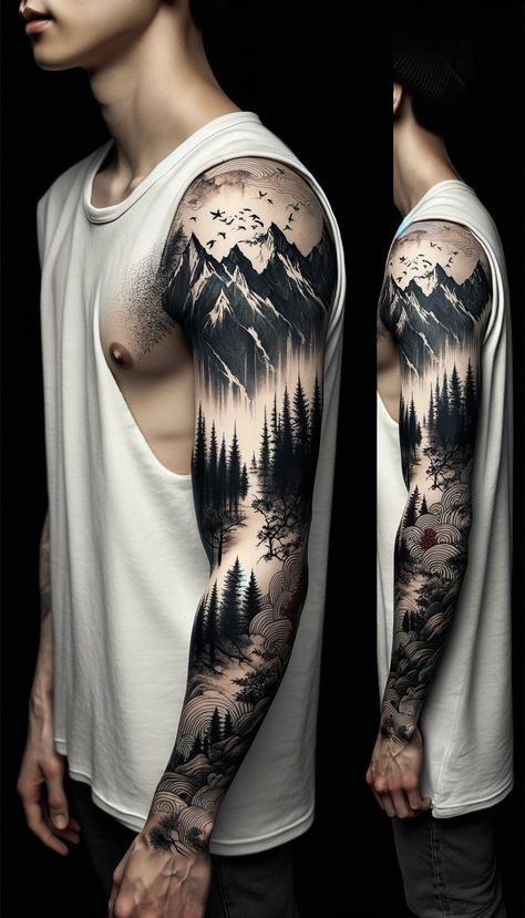 Full Sleeve Forest Tattoos For Guys, Wood Tattoo Sleeve, Shoulder Mountain Tattoo, Forest Sleeve Tattoo For Men, Full Arm Tattoo Men Sleeve Ideas, Tattoo Forest Arm, Forest Leg Tattoo, Forest Tattoo Sleeve Design, Nature Sleeve Tattoo For Men