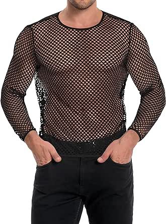 Men's Mesh Fishnet Top Long Sleeve Sheer See Through T Shirt Fitted Muscle Blouse Clubwear Fishnet Undershirt, Fishnet Shirt, Fishnet Top, Sponge Bob, Pride Outfit, Mesh, Long Sleeve, T Shirt