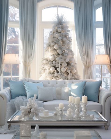 Snow Room Decor, Winter Wonderland Living Room Decor, Ice Blue Christmas Decor, Winter Wonderland Living Room, Trees With Flowers, Novogodišnja Dekoracija, Condominium Interior, Silver Decorations, Blue Gray Bedroom