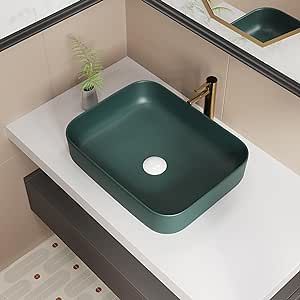 ELLAI Bathroom Vessel Sink Rectangle Bathroom Sink Bowl Above Counter Porcelain Ceramic Top Mount Rectanglar Sink Countertop Vanity Art Basin for Bathroom 19.7"x15.2"x5.4” Dark Green Bathroom Vessel Sink Ideas, Green Sink Bathroom, Green Home Aesthetic, Vessel Sink Ideas, Rectangle Bathroom Sink, Bathroom Sink Bowl, Kitchens Green, Bedroom Ideas Green, Wallpaper Aesthetic Green