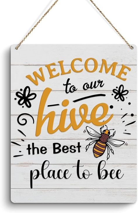 Amazon.com : Positive Bee Wall Door Decor, Welcome to Our Hive Bee Wood Sign Welcome Sign for Front Door, Bee Decorations kitchen Home Office Wall Hanging Decor, Decorative Bee Gifts for Women 8 X 10 Inch : Home & Kitchen Honey Bee Themed Kitchen, Welcome To Our Hive, Bee Decorations, Hello Spring Sign, Bee Quotes, Bee Cake, Sign For Front Door, Kitchen Home Office, Making Signs On Wood