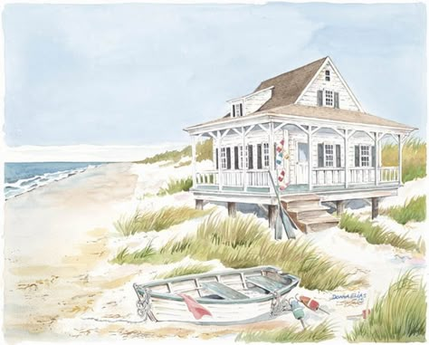 Beach Cottage Seaside Drawing, Beach House Drawing, Beach Cottage Style Decor, House On The Beach, Beach Drawing, Beach Themed Bedroom, Cottage Painting, Country Cottage Decor, Cottage By The Sea