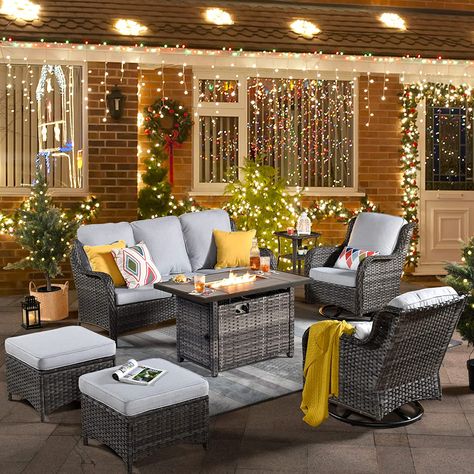 XIZZI Patio Furniture Sets Outdoor Swivel Rocking Chairs with 50,000 BTU Propane Fire Pit Table 7 Pieces All Weather PE Wicker Patio Conversation Sofa and Matching Side Table,Grey Rattan Grey Cushion 2 Ottomans, Modern Swivel Chair, Swivel Rocking Chair, Propane Fire Pit Table, Rocking Chair Set, Balcony Furniture, Outdoor Patio Furniture Sets, Wicker Sofa, Corner Table