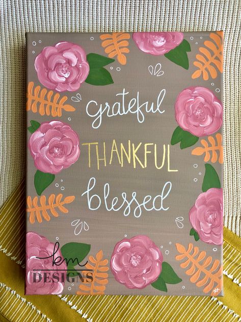 Doodle Art Flowers, Cute Canvas Paintings, Cute Canvas, Canvas Home Decor, Grateful Thankful Blessed, Hand Painted Canvas, Thanksgiving Crafts, Fall Floral, Canvas Home