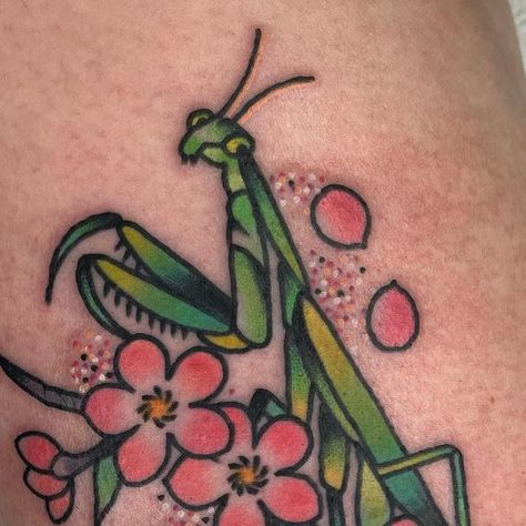 Kurt Brecheis Jr. on Instagram: "praying mantis on Amy 🌸" Praymantis Tattoos, Praying Mantis Tattoo Traditional, Praying Mantis Tattoo Simple, Orchid Mantis Tattoo, Praying Mantis Tattoo, Impulsive Decisions, Mantis Tattoo, Sick Tattoos, Orchid Mantis