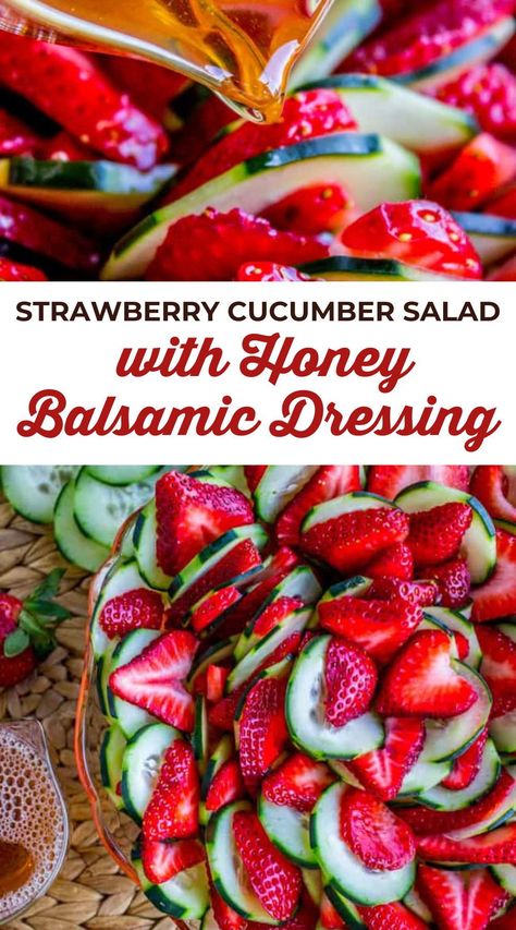 This easy salad is a total show stopper! Strawberry cucumber salad is always so refreshing for summer. It’s simplicity lets the strawberries and cucumbers shine. The only other ingredients are balsamic vinegar and honey. It is an impressive and healthy side dish to bring for your potluck! Strawberry Cucumber Salad, Cucumber Salad Balsamic Vinegar, Strawberry Balsamic Vinaigrette, Strawberry Salad With Balsamic Dressing, Tomato Cucumber Feta Salad Balsamic, Cucumber Tomato Feta Balsamic Salad, Strawberry Feta, Honey Balsamic Dressing, Strawberry Salad Recipe