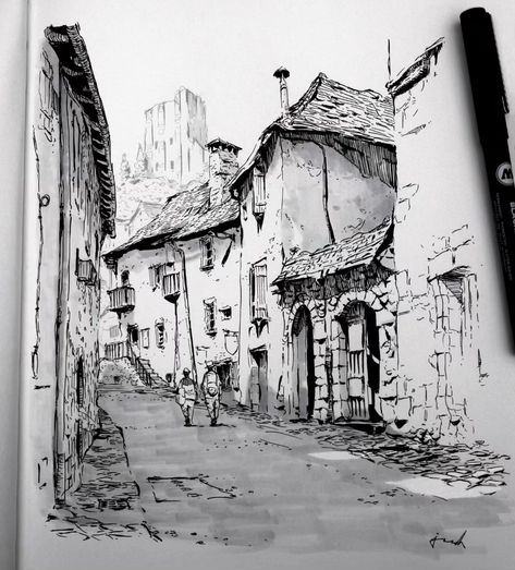 Jeed (@jeedraws) • Instagram-foto's en -video's Sketchbook Architecture, Village Drawing, Architecture Sketches, Landscape Architecture Drawing, Graphite Art, City Sketch, Building Sketch, Architecture Sketchbook, Black And White Art Drawing