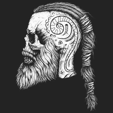 Viking Skull, A Drawing, Skull Tattoo, Vikings, Long Hair, A Man, Hair