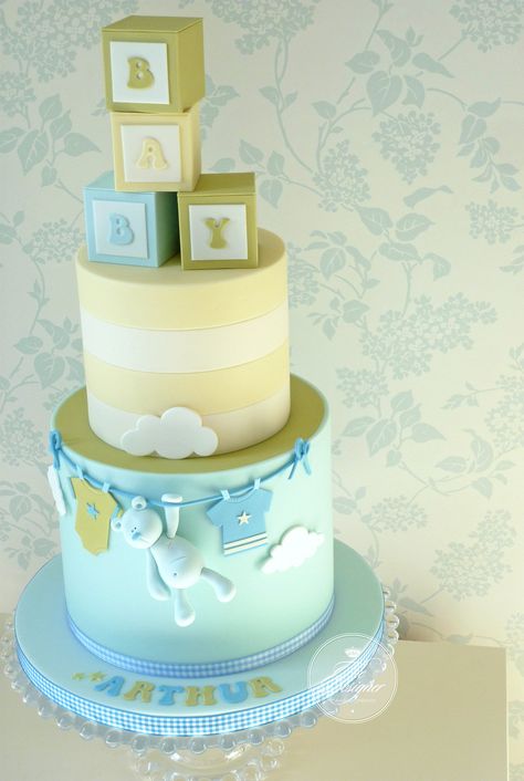 Cake For Baby, Designer Cake, Baby Shower Cakes For Boys, Baby Boy Cakes, Baptism Cake, Christening Cake, Shower Bebe, Baby Shower Cupcakes, Baby Blocks