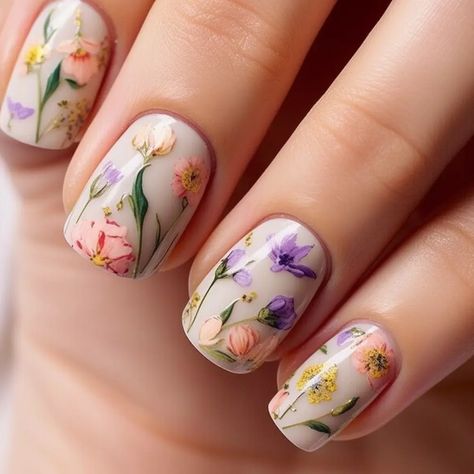 Wedding Nails Flower Design, Wildflower Wedding Nails For Bride, Wildflower Wedding Nails, Wildflower Nails Wedding, Floral Wedding Nails For Bride, Wildflower Nail Designs, Spring Wedding Nails For Bride, Wedding Nails Floral, Floral Wedding Nails