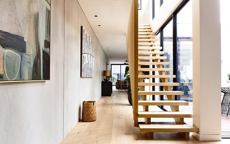 Elwood-House-Inform-Design-Est-Living-Stairs Timber Batten Stair Balustrade, Batten Balustrade, Internal Stairs, Staircase Inspiration, Industrial Boho, Timber Stair, Modern Townhouse, Open Staircase, Floating Staircase