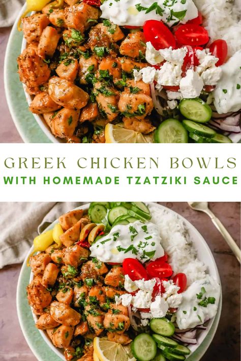 How to make the Best Greek Chicken Bowls. Grilled Greek Lemon Chicken, cucumber, tomatoes, red onion, kalamata olives, feta cheese, and homemade tzatziki sauce all in one bowl. A high-protein and low carb meal! Grilled Chicken Greek Bowl, Greek Chicken And Rice Recipes, High Protein Tzatziki Sauce, Hi Protein Dinner Ideas, Greek Chicken Taziki Bowl, High Protein Mediterranean Bowl, What To Use Tzatziki Sauce With, Greek Ground Chicken Bowls, Mediterranean High Protein