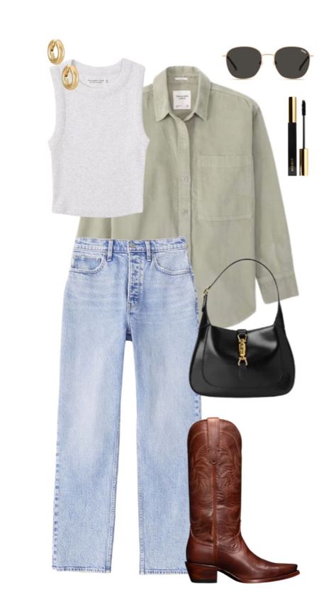 Acl 2024 Outfits, Outfits With Brown Cowboy Boots For Women, Beer Garden Outfit Summer, Simple Outfits With Cowgirl Boots, Western Boots Jeans Outfit, Cowgirl Boots Outfit Jeans Casual, Cowgirl Boots Outfit With Jeans, Cowboy Boot Jeans Outfit, Nashville Chic Outfits