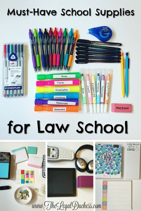 Highlighters, pens, Post-its- Oh My!   Check out the must have Law School supplies from The Legal Duchess Law School Stationery, Students Must Have, Must Have Study Supplies, Law School Supplies, Law School Essentials, Study Must Haves, University Supplies, Law School Organization, Law School Prep