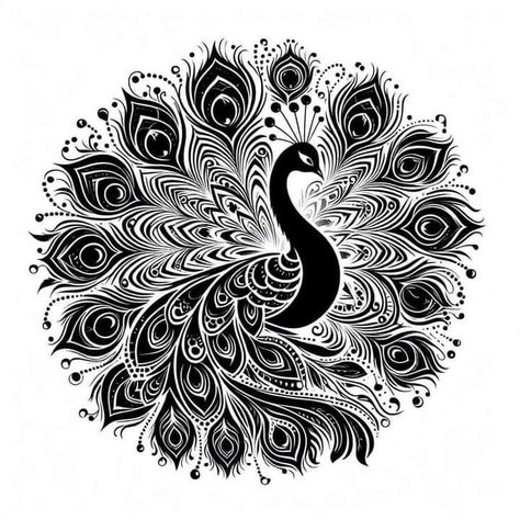 Mandala Peacock Design, Peacock Black And White, Bird Mandala, First Tattoo Ideas, Peacock Mandala, Peacock Embroidery Designs, Saree Painting Designs, Eyeball Art, Stippling Art