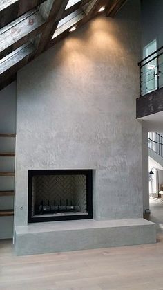 Cement Fireplace, Black Mantle, Polished Cement, Minimalist Dekor, Classic Fireplace, Interior Design Minimalist, Shiplap Fireplace, Candles In Fireplace, Double Sided Fireplace