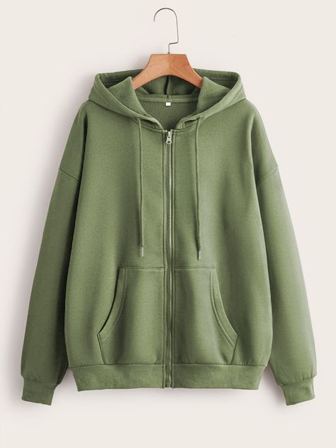 Army Green Casual  Long Sleeve Polyester Plain Zip Up Embellished Slight Stretch Fall/Winter Women Sweatshirts Lined Hoodie, Green Hoodie, Hoodie Jacket, Zipper Pocket, Casual Wear, Zipper, Collar, Sweatshirts, Green