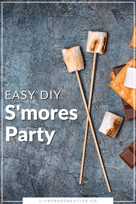 the best dessert idea: s'mores! sticks with marshmallows laying down. beside them are graham crackers, more marshmallows and chocolate. The title says "Easy DIY  S'Mores Party" S’mores Campfire Party, Smores Ingredients, Smores Buffet, Smores Display, Simple Dessert Ideas, Smores Treats, Smores Recipe, Summer Party Inspiration, Kid Friendly Party