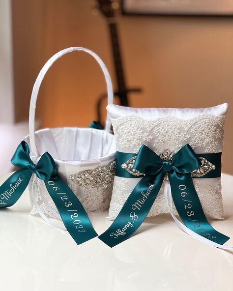 Teal Flower Girl Basket and Ring Bearer Pillow Set, Teal Wedding Basket Pillow Set, Personalized Wedding Accessories, Custom Teal Weddings Beautiful wedding set! Made of satin, jewels, ribbons and brooch. Please choose your primary color (fabric color) in a drop down menu above the quantity. Also please choose your accessories in a drop down menu.  If you need other combination of accessories - send me a message ;) I'll respond you very quickly. Ring Bearer Pillow measures: 7 inches x 7 inches ( Teal And White Wedding Theme, Teal And Silver Wedding Decorations, Dark Teal And Silver Wedding, Dark Teal Wedding Decor, Teal And Champagne Wedding, Teal And Silver Wedding, Teal Wedding Decor, Teal Wedding Ideas, Teal Wedding Decorations