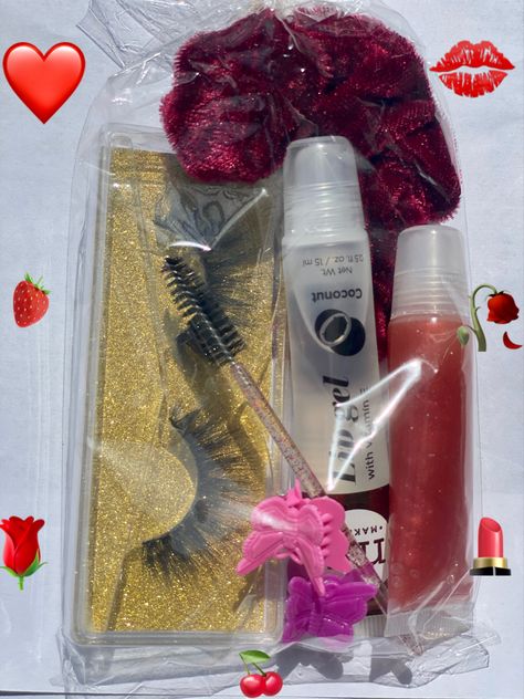 Beauty Goodie Bag Ideas, Lash Gift Bag Ideas, Lash Goodie Bag, Lash Goodie Bag Ideas, Lash Baggies Ideas, Cherry Lip Gloss, Goodie Bag Ideas, Red Scrunchie, Edge Brush