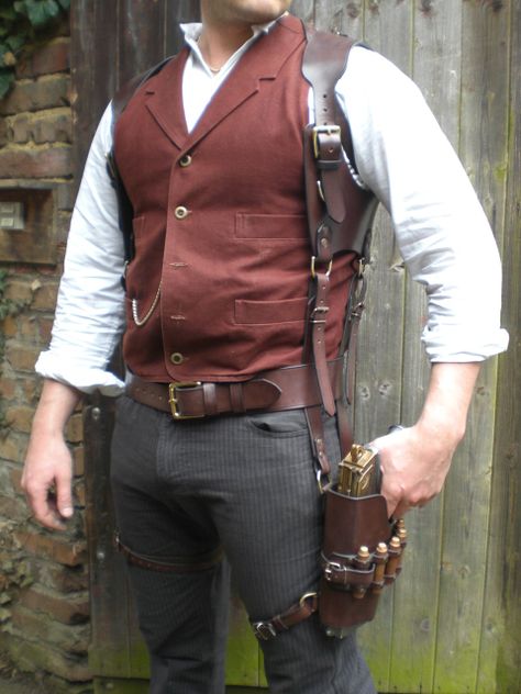 Steampunk holster Steampunk Outfit Men, Steampunk Holster, Steampunk Mens Fashion, Steampunk Male, Steampunk Outfits, Moda Steampunk, Steampunk Man, Steampunk Men, Style Steampunk