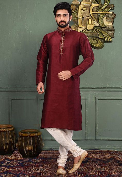 Readymade Art Dupion Silk Kurta in Maroon This Collar Neck and Full Sleeve Hand Embroidered attire is Allured with Resham and Bullion Work Available with an Art Dupion Silk Churidar in Off White Do note: Footwear shown in the image is for presentation purposes only. Half to one inch may vary in measurement. (Slight variation in actual color vs. image is possible) Kurta Pyjama For Men, Kurta Designs Men's, Long Choli Lehenga, Boys Kurta Design, Angrakha Style, Red Kurta, Mens Kurta Designs, Boys Kurta, Kurta Pyjama