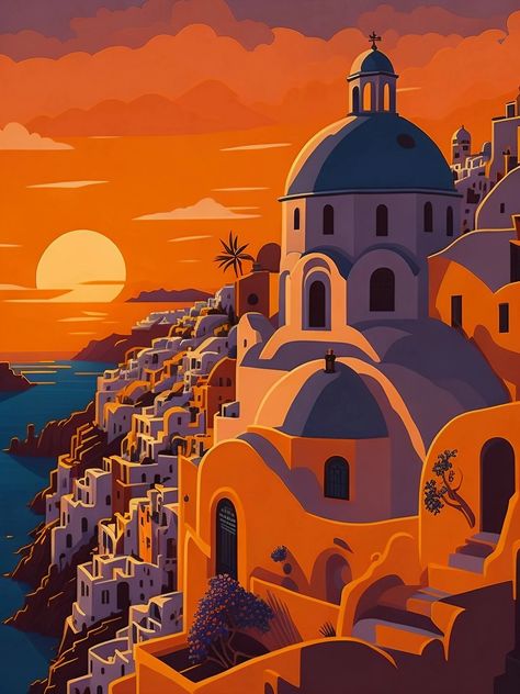 A digital art creation of a beautiful sunset in Santorini, Greece Room Posters Aesthetic, Aesthetic Greek, Greek Paintings, Web Design Websites, Santorini Sunset, Posters Aesthetic, Design Websites, Sunset Colors, Santorini Greece