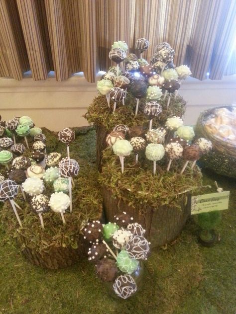 Enchanted Forest cake pops . wood logs with holes drilled in top for cake pop sticks.  Cover tops in moss.  Might be fun if the cake pops were mushrooms. Enchanted Forest Thank You Gifts, Enchanted Forest Sweet 16 Cake, Wedding Forest Theme, Garden Quince, Enchanted Forest Cake, Enchanted Forest Quinceanera, Enchanted Forest Prom, Enchanted Forest Party, Wedding Forest