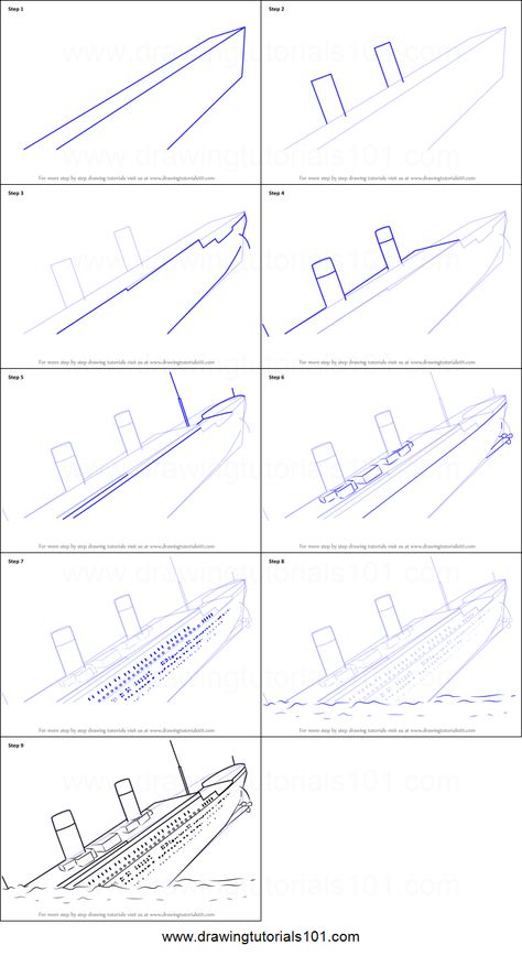 How to Draw Titanic Sinking printable step by step drawing sheet : DrawingTutorials101.com Titanic Drawing, Titanic Boat, Sink Drawing, Car Drawing Pencil, Titanic Art, Titanic Sinking, Cars Drawing, Titanic Ship, Boat Drawing