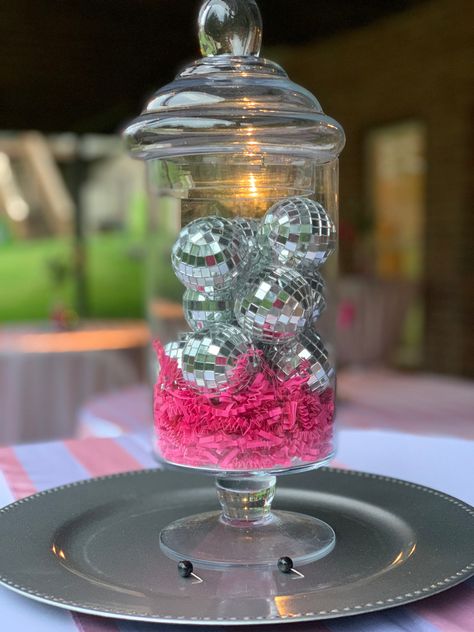 Pink Party Decorations Graduation, Preppy Party Centerpieces, Pink Party Table Centerpieces, Preppy Graduation Party Ideas, Pink Disco Birthday Party Invitation, Pink And Disco Ball Decor, Pink Disco Centerpieces, Hot Pink Graduation Party Decorations, Pink Disco Ball Birthday Party