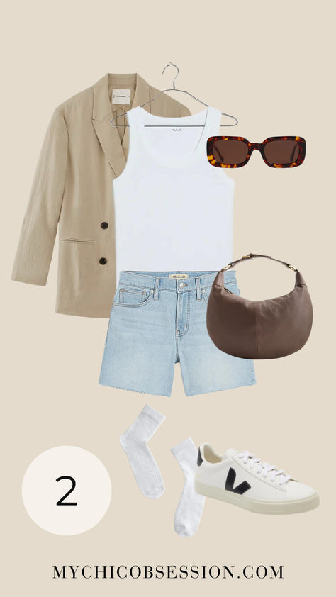 Style classic denim shorts from Madewell for a summer outfit. On top, add a white tank, layered under a linen blazer. Accessorize with a shoulder bag from Quince, rectangular frame sunglasses, Veja sneakers and crew socks. Blazer And Shorts Outfit, Halter Dress Pattern, Crochet Halter Dress, Denim Shorts Outfit, Outfit For Summer, Stylish Outfits For Women Over 50, Crochet Hoodie, Classic Denim Shorts, Veja Sneakers