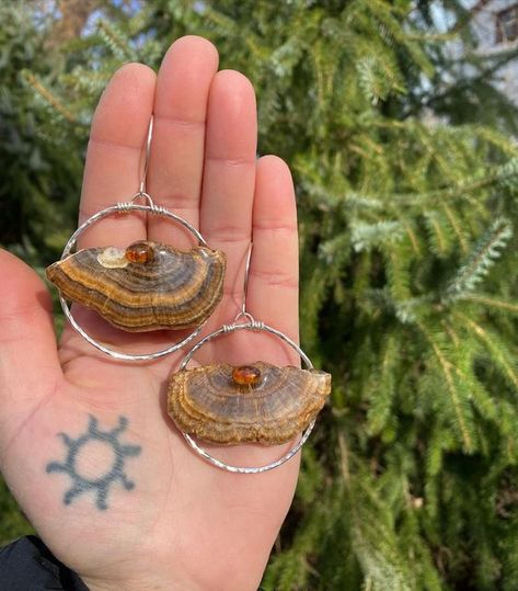 Between the Sky and Dirt on Instagram: "A few new pairs of turkey tail mushroom earrings are in the shop!🍄💚 #trametesversicolor #turkeytail #turkeytailmushroom #mushroomearrings #mushroomjewelry #mushlove #fungusfreaks" Mushroom Stuff, Turkey Tail Mushroom, Turkey Tail, Diy Rock Art, Mushroom Jewelry, Mushroom Earrings, Witchy Fashion, Sparkly Things, Homemade Jewelry