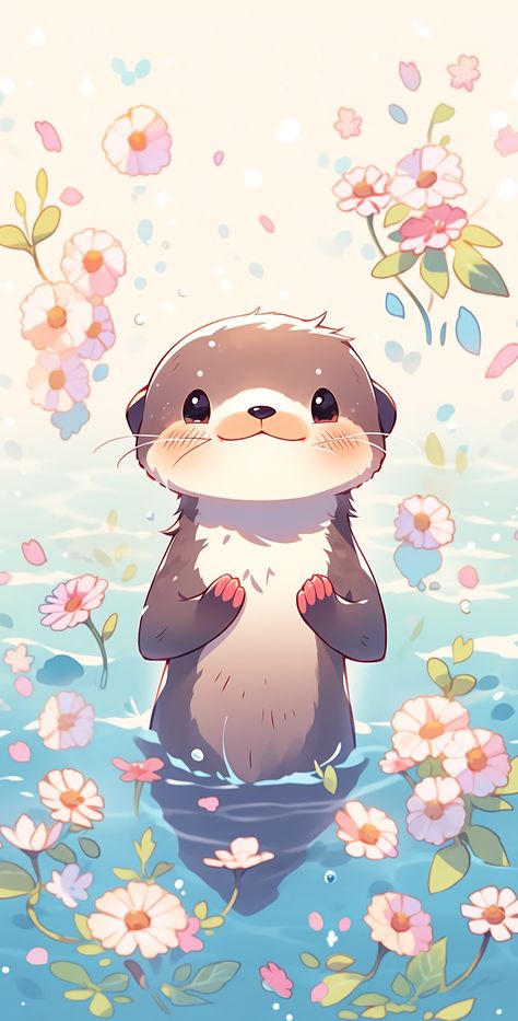 Wallpaper Animals Cute, Otter Phone Wallpaper, Otter Cute Art, Kawaii Otter Wallpaper, Kawaii Otter, Kawaii Sea Otter, Friends Talking, Wallpaper Animals, Grumpy Cats