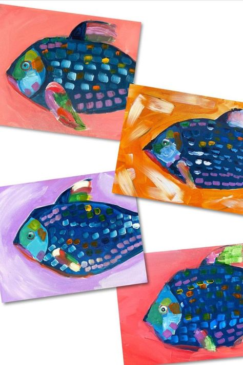 This is a fun summer art idea for kids! We used every color possible to mix even MORE colors! This art project was all about chunky brushstrokes, layering colors, and having fun mixing paint. Visit the link to see more of thse fabulous fish! Art Books For Kids, Art Classroom Management, Kids Painting Crafts, Kindergarten Art Projects, 6th Grade Art, 4th Grade Art, 3rd Grade Art, Glowing Art, Time Painting