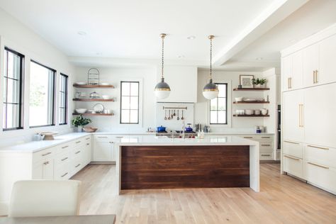 #ClassicModernRemodel: Client Project Reveal – Design Loves Detail White Brick Tiles, Waterfall Countertop, Minimalist Dekor, Modern Remodel, Interior Design Minimalist, Walnut Kitchen, Fresh Kitchen, Kitchen Design Trends, Kitchen Stove