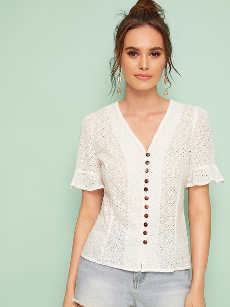 Eyelet Embroidery V-neck Button Front Blouse | SHEIN Cotton Tops Designs, Fall Fashion Skirts, Women Blouses Fashion, Eyelet Blouse, Eyelet Embroidery, Fashion Tops Blouse, Stylish Blouse Design, Embroidery Blouse, White Blouse