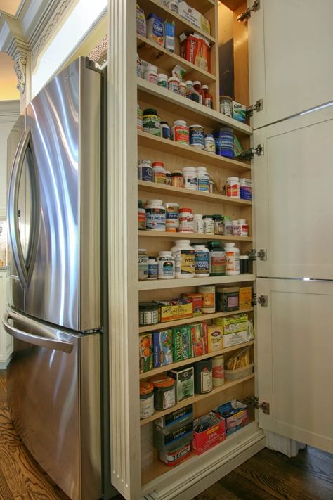 shallow cabinet storage Kitchen Medicine Storage, Vitamin Cabinet, Shallow Storage, Shallow Pantry, Shallow Cabinets, Tiny Pantry, Hidden Pantry, Corner Pantry, Pantry Wall