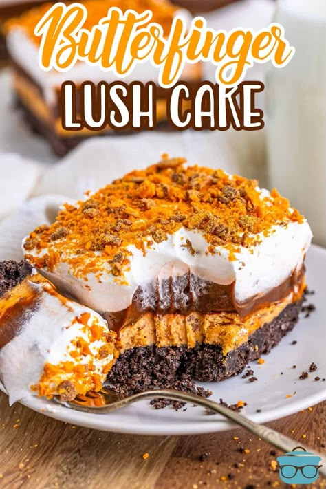 Four Layer Surprise, Layered Truffle Desserts Puddings, Dessert Auction Recipes, Casserole Desserts, Butterfinger Lush, Dessert With Cream Cheese, Butter Finger Dessert, Refrigerated Desserts, Lush Cake