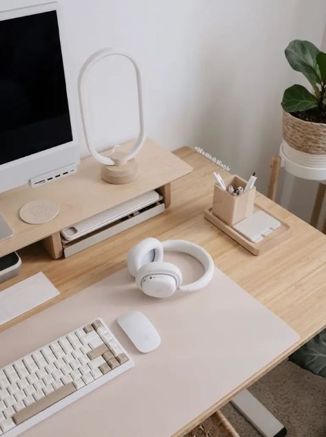 Add character to you home office with these desk accessory ideas.  #workathome #desk #creative Minimal Productivity Desk Setup, Neutral Office Desk Aesthetic, Cozy Minimalist Gaming Setup, Small Desk Setup Workspace Inspiration, Organizing Work Desk, Cute Office Setup, Luxury Desk Setup, Standing Desk Setup Aesthetic, Desk Next To Dresser