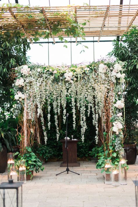 Green and White Floral Wedding Arch | Planterra | Party Assurance | Kelly Sweet Photography Rustic Wedding Decorations, Flowers And Greenery, Botanical Gardens Wedding, Wedding Altars, Arch Decoration Wedding, Wedding Ceremony Backdrop, Ceremony Arch, Ceremony Flowers, Hanging Flowers