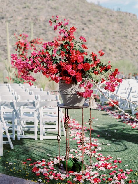 Rachel Solomon Photography Blog | Ritz Carlton Dove Mountain Wedding – Kylli and Steven | http://blog.rachel-solomon.com Potted Flower Wedding, Bougainvillea Wedding, Mountain Wedding Photos, Ceremony Aisle, Scottsdale Wedding, Spanish Wedding, Boda Mexicana, Reception Flowers, Spanish Revival