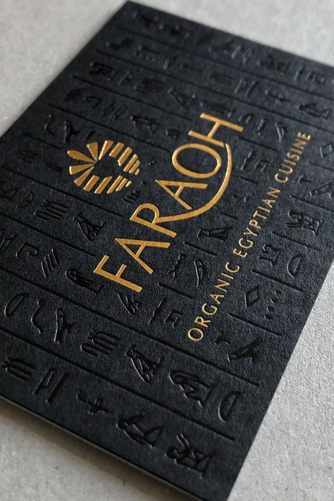 Antique gold foil logo and gloss black foil printed hieroglyphics on black card. Black Gold Packaging Design, Gold Black Packaging, Black And Gold Packaging Design, Business Card Black And Gold, Gold Foil Printing, Gold And Black Branding, Black Gold Business Card, Black And Gold Graphic Design, Black Packaging Ideas