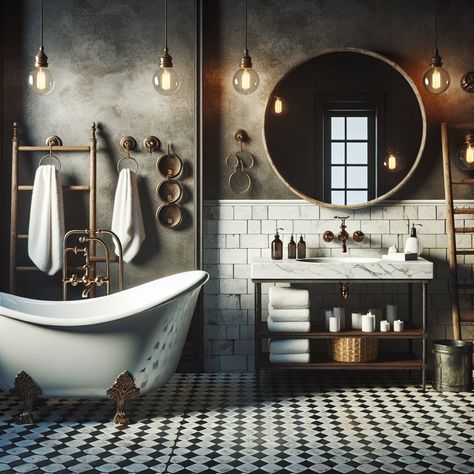 Picture a gleaming white, clawfoot tub resting on a black and white hexagonal tile floor. Imagine that a large, circular mirror with a worn wooden frame hangs over a marble-topped vanity, where a brass faucet gleams under the soft glow of an Edison bulb light fixture. Consider that a purely decorative reclaimed ladder leans against one wall, used for hanging plush towels. Additionally, antique hooks and shelving units provide room for the essential bathroom articles. Copper Clawfoot Tub Bathroom, Vintage Chic Bathroom, Bar Bathroom Ideas, Bathroom With Clawfoot Tub, Tiny Half Bath, Clawfoot Tub Bathroom, Claw Tubs, Vintage Style Bathroom, Bathroom Big