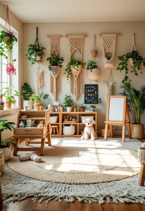 Boho Playroom Ideas Boho Toy Room, Playroom Ideas Aesthetic, Nature Inspired Playroom, Earthy Playroom, Boho Playroom Ideas, Aesthetic Playroom, Homeschool Area, Wildflower Mural, Pastel Playroom