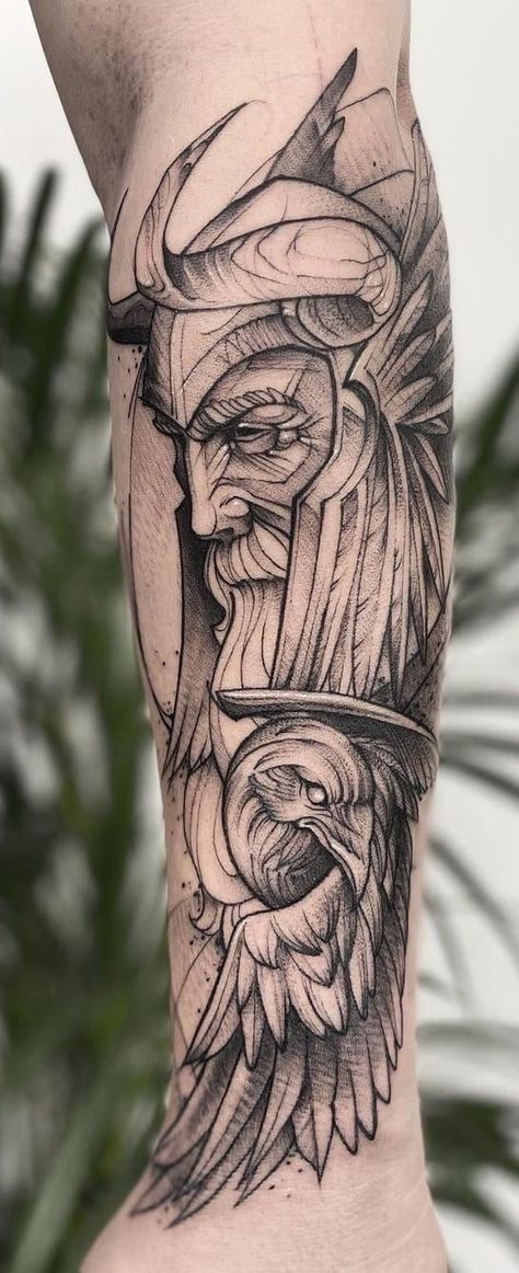 Tattoo Ideas Sleeve Men, Tattoos Full Sleeve, Odin Tattoos, Valkyrie Tattoos, Tattoos Viking, Tattoo Odin, Viking Tattoos For Men, Norse Mythology Tattoo, Female Warrior Tattoo