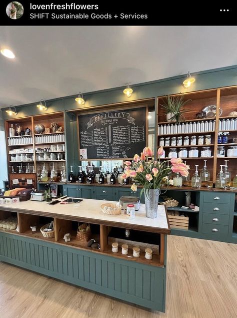 Retail And Coffee Shop, Farmhouse Coffee Shop Ideas, Business Store Ideas, Farmhouse Cafe Design, Store Front Decorating Ideas, Health Store Design, Coffee Boutique Shop, Farm To Table Cafe, Farm Shop Cafe