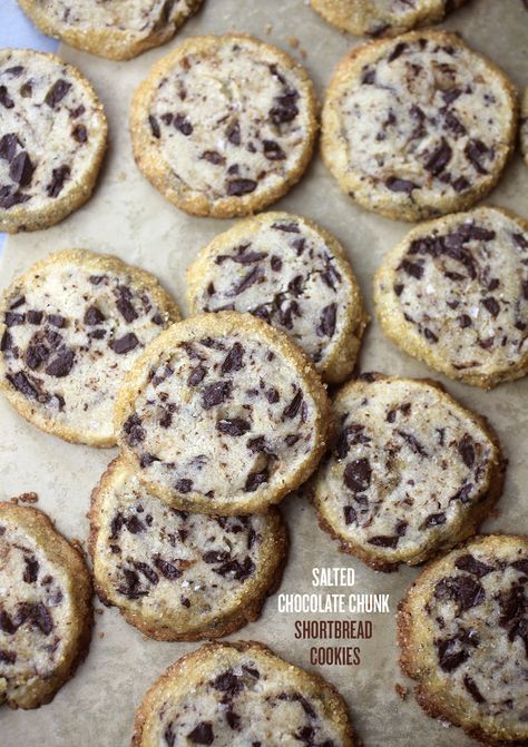 Salted Chocolate Chunk Shortbread Cookies - Bakerella Salty Chocolate Chip Cookies, Chocolate Chunk Shortbread, Chocolate Chip Shortbread Cookies, Salted Chocolate Chip Cookies, Christmas Cookie Box, Shortbread Cookie Recipe, Cake Pop Recipe, Salted Chocolate, Chocolate Chunk