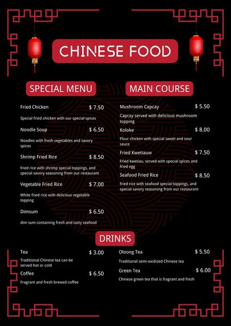 Red and Black Illustration Chinese Food Menu - Templates by Canva Chines Food Menu Design, Chinese Menu Ideas, Vietnamese Menu Design, Chinese Menu Card, Chinese Menu Design Ideas, Chinese Food Menu Design, Chinese Restaurant Menu Design, Asian Menu Design, Chinese Menu Design