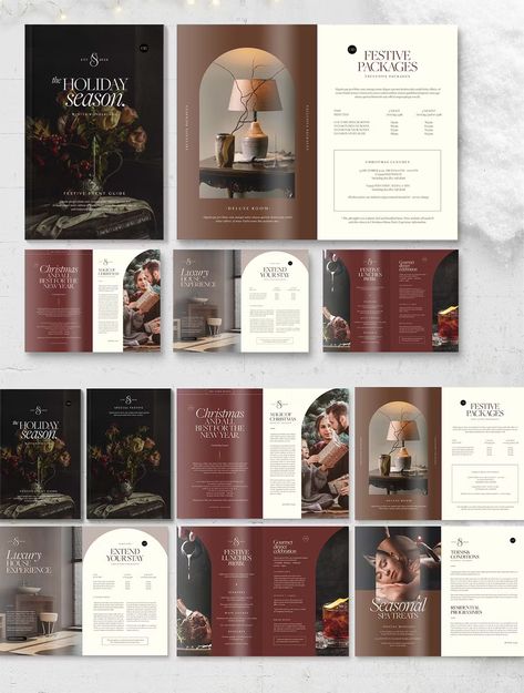 Christmas Brochure Template InDesign INDD Events Brochure Design, Hotel Magazine Design, Book Layout Design Inspiration Creative, Brand Book Design Layout, Brand Catalogue Design, Product Catalogue Cover Design, Christmas Catalogue Design Layout, Christmas Magazine Design, Elegant Editorial Design