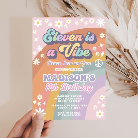 Groovy 11th Birthday Invitation EDITABLE Eleven is a Vibe invitation Retro Invite Eleventh birthday invite INSTANT DOWNLOAD Printable GR4 by SweetPixelPrints on Etsy Groovy Theme, Fourth Birthday, 11th Birthday, Invitation Sizes, 9th Birthday, Change Text, Birthday Invite, Digital Invitation, 8th Birthday